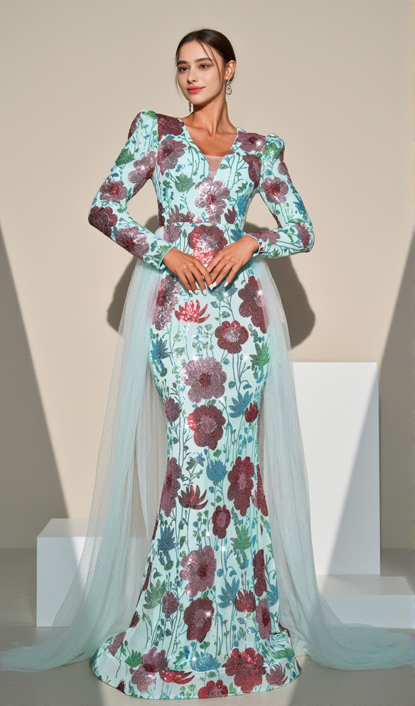 AIIZIE LONG SLEEVE FLORAL PRINT SEQUIN MAXI DRESS IN GREEN - product image