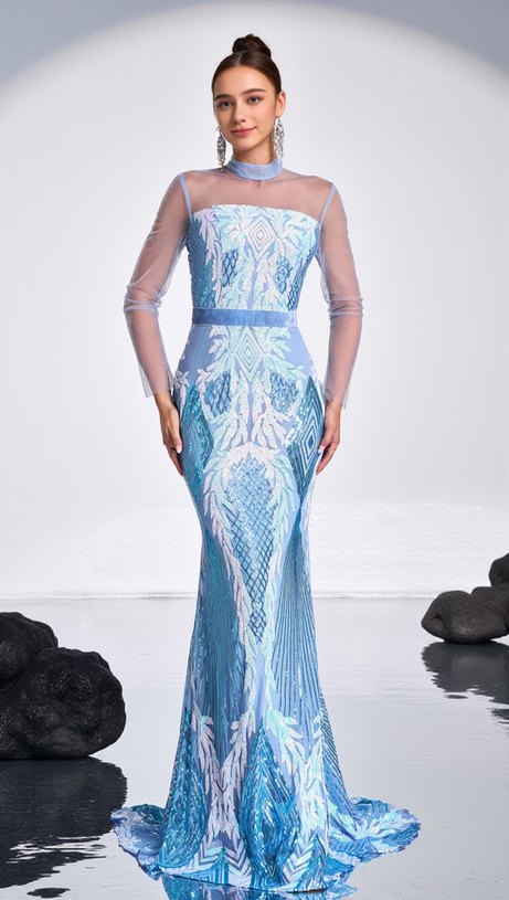 STAND COLLAR MERMAID MAXI DRESS IN LIGHT BLUE