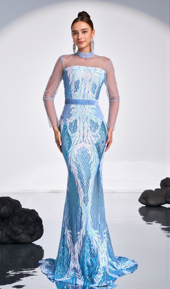 AIIZIE STAND COLLAR MERMAID MAXI DRESS IN LIGHT BLUE - product image