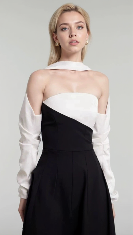 ARLENE BLACK LONG SLEEVED CUT OUT SILK TAFFETA MIDI DRESS