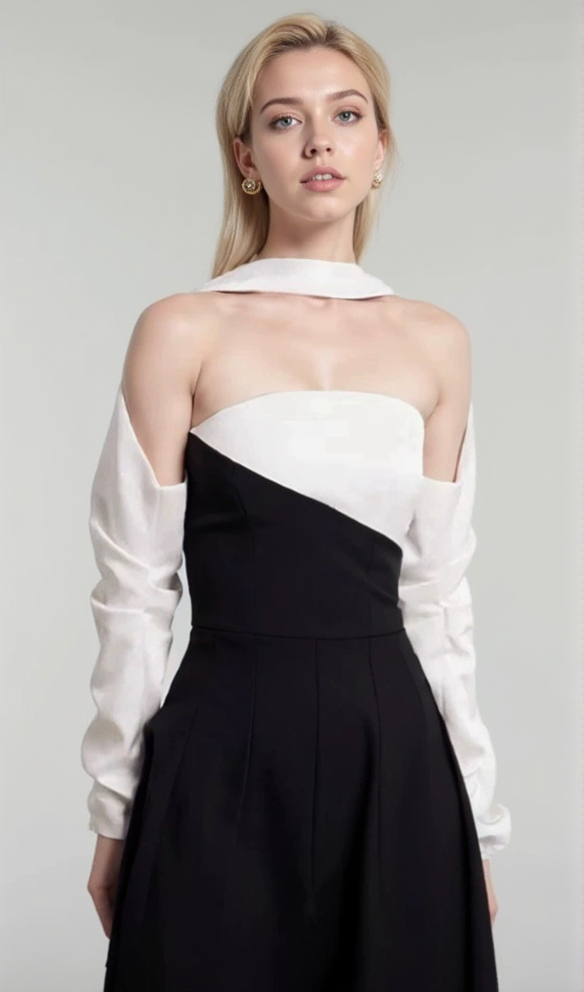 ARLENE BLACK LONG SLEEVED CUT OUT SILK TAFFETA MIDI DRESS