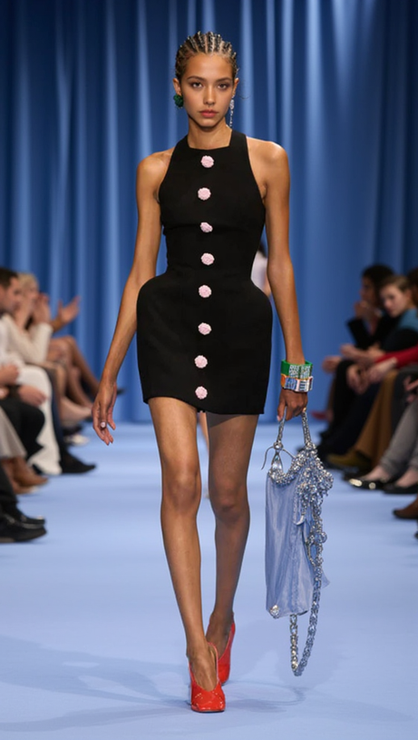 BREENDA BLACK KNITTED MINI DRESS WITH FLOWER BUTTONS