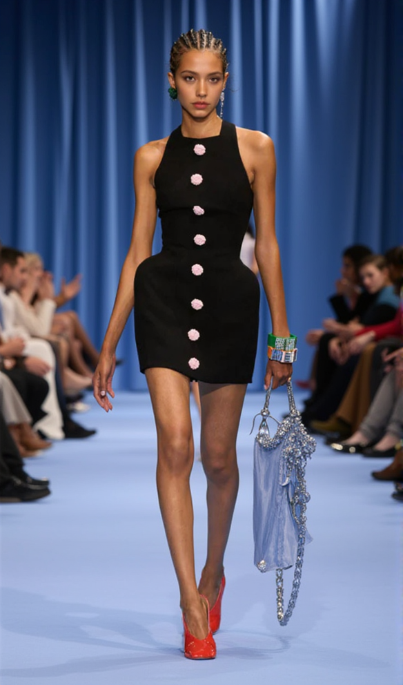 BREENDA BLACK KNITTED MINI DRESS WITH FLOWER BUTTONS