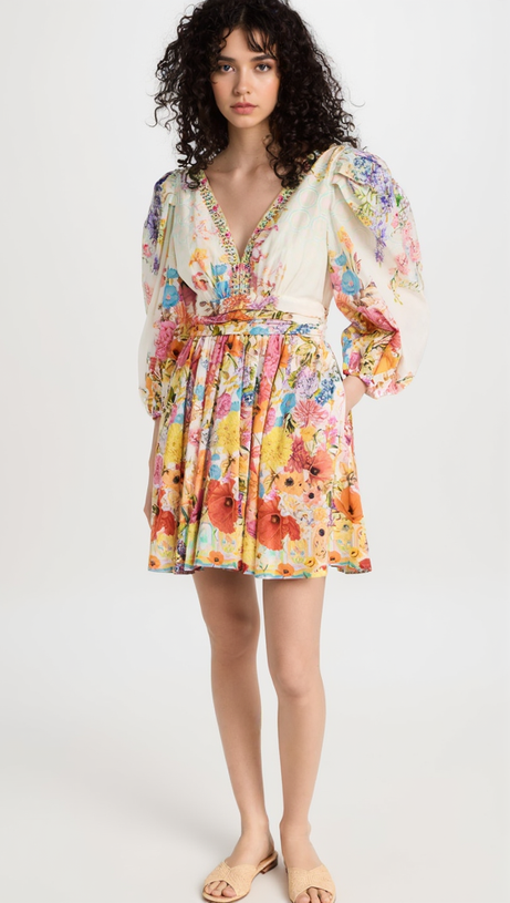 MINI ABITO IN SETA CON STAMPA E MANICHE A SBUFFO