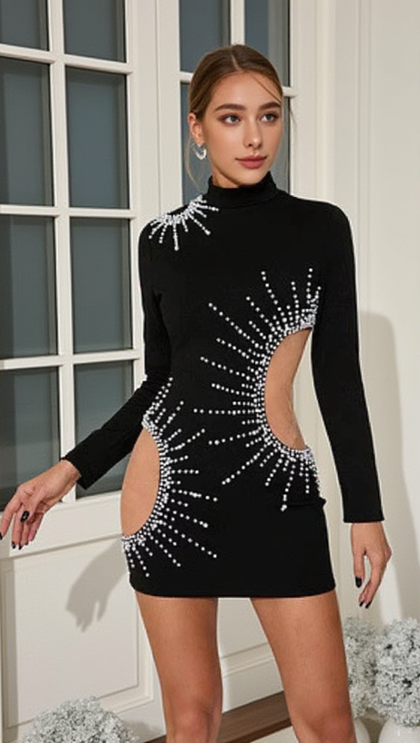 CAMILLE PEARL-EMBELLISHED MINI DRESS IN BLACK