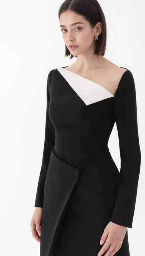 REGINA BLACK ASYMMETRIC NECK POLYCOTTON SHEATH MIDI DRESS