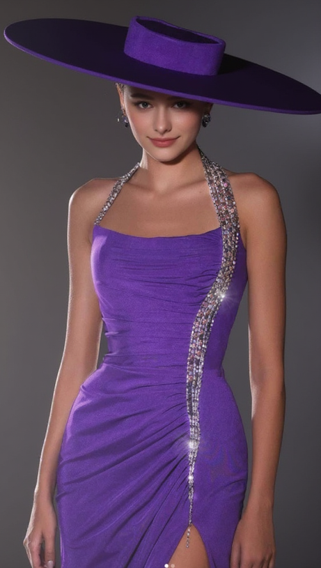 MULTICOLOR-PEARL EMBELLISHED PURPLE HALTER MAXI DRESS