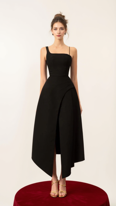 AUDREY SLIT CAPE MIDI DRESS IN BLACK
