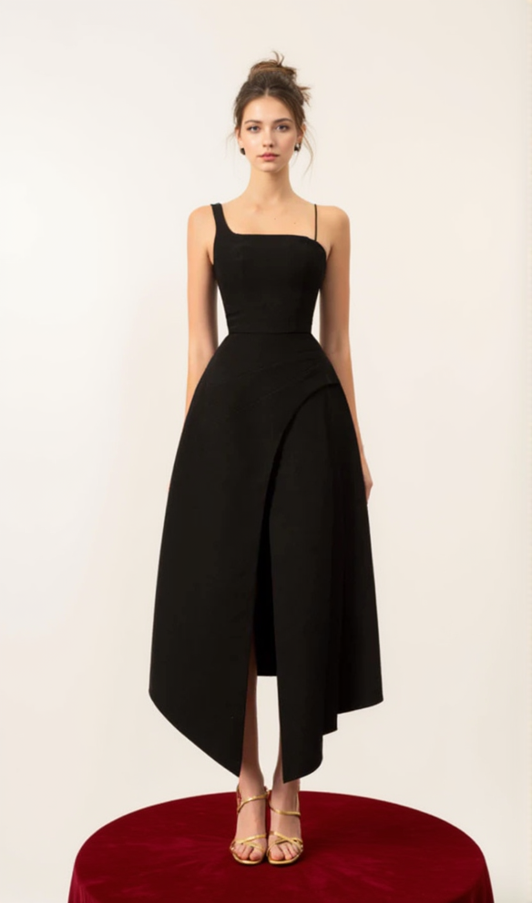 AUDREY SLIT CAPE MIDI DRESS IN BLACK