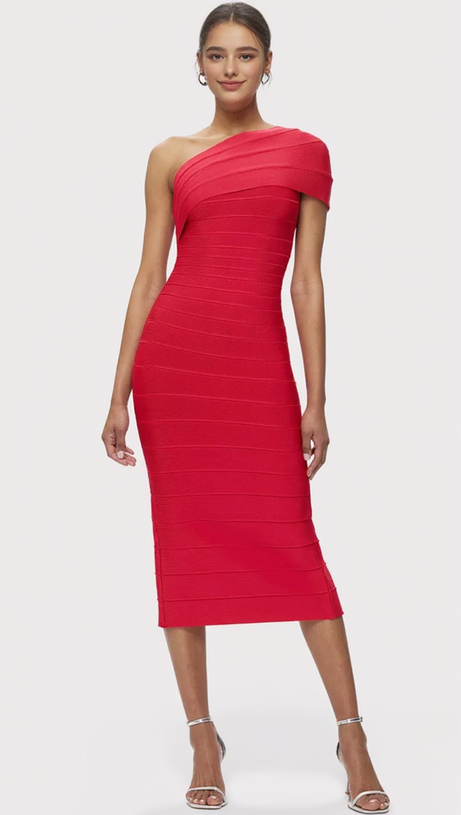 ABIGAIL ONE-SHOULDER BANDAGE MIDI DRESS IN RIO RED