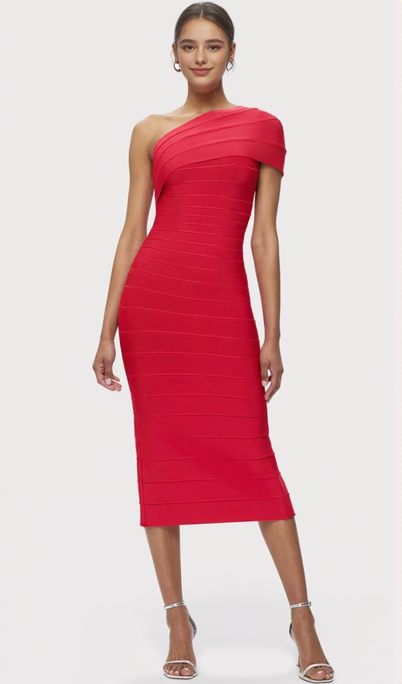 ABIGAIL ONE-SHOULDER BANDAGE MIDI DRESS IN RIO RED
