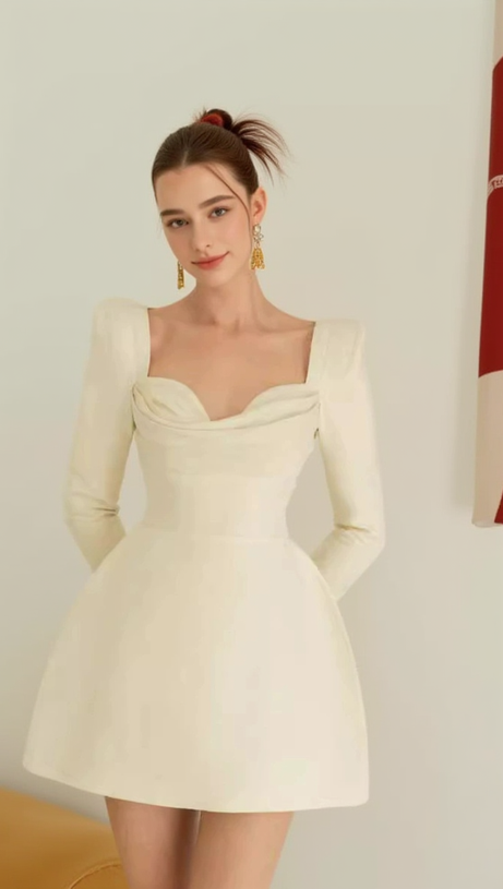 BRIANNA SQUARE-NECK A-LINE MINI DRESS IN BEIGE