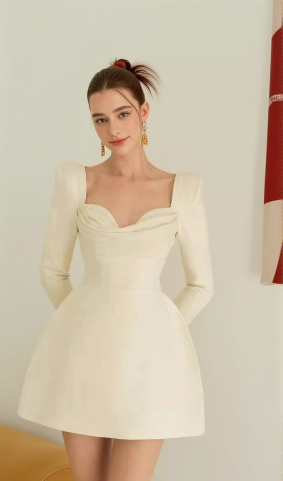 BRIANNA SQUARE-NECK A-LINE MINI DRESS IN BEIGE