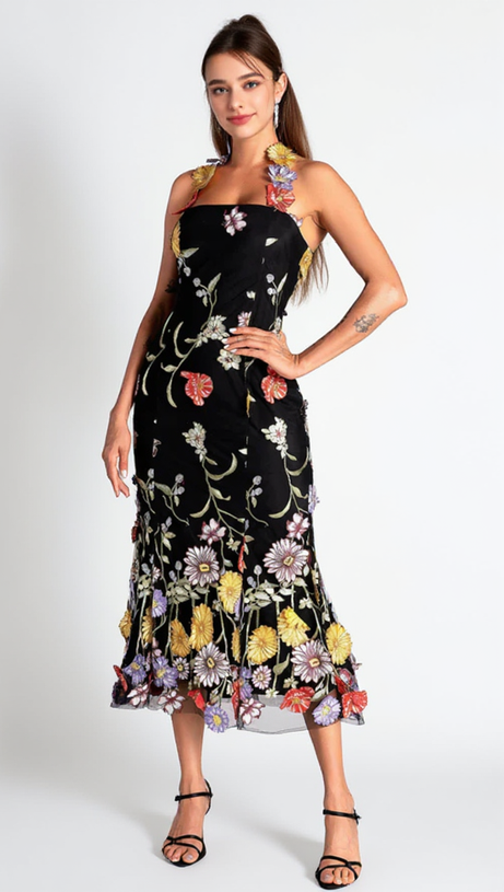 HALTER EMBROIDER FLORAL MIDI DRESS IN BLACK