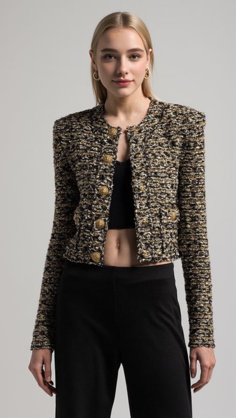 CROPPED LUREX TWEED JACKET IN GOLD