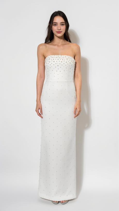 PEARL-EMBELLISHED STRAPLESS GOWN IN WHITE