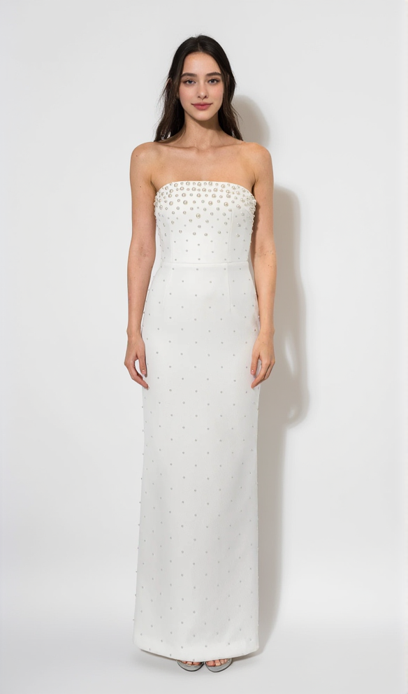 PEARL-EMBELLISHED STRAPLESS GOWN IN WHITE
