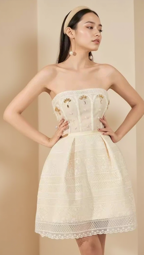 TERESA BEIGE A-LINE STRAIGHT ACROSS NECK LACE MINI DRESS