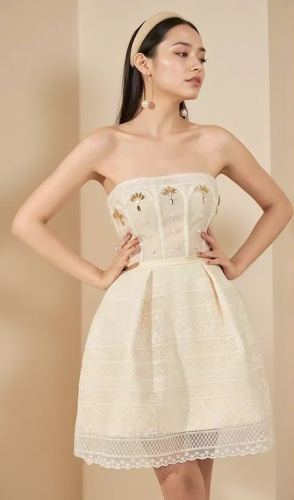 TERESA BEIGE A-LINE STRAIGHT ACROSS NECK LACE MINI DRESS