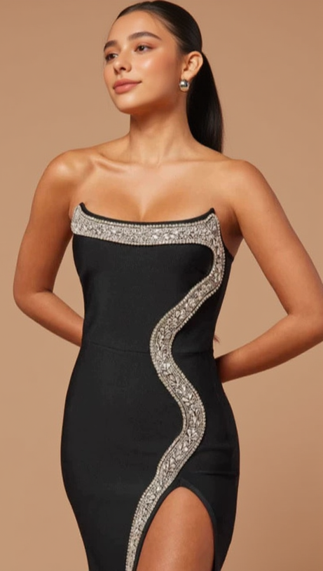 AMBER-EMBELLISHED BANDAGE GOWN IN BLACK