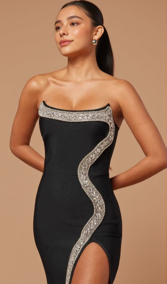 AMBER-EMBELLISHED BANDAGE GOWN IN BLACK