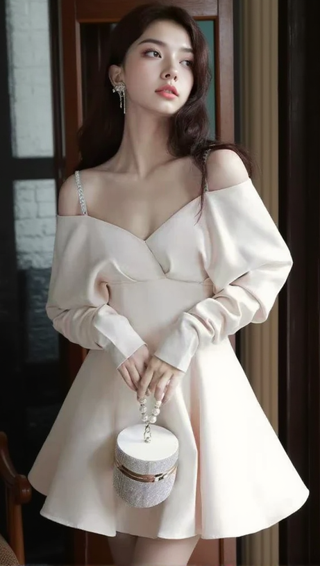 V-NECK LONG-SLEEVED A-LINE SUSPENDER DRESS