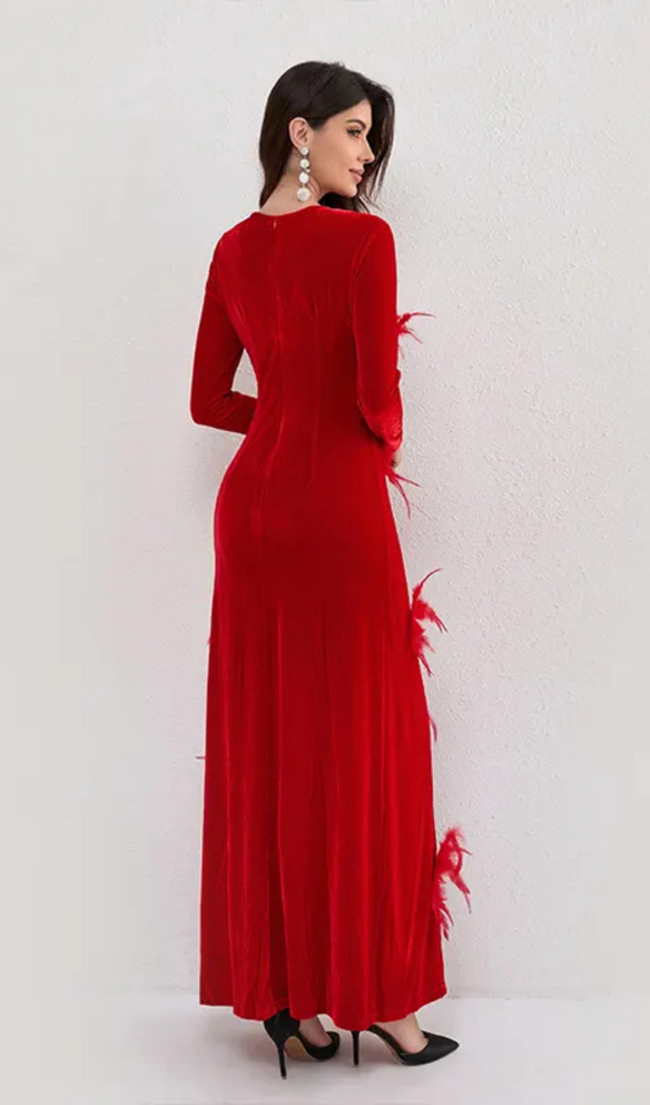 3D FEATHER FLOWER VELVET MAXI DRESS IN RED