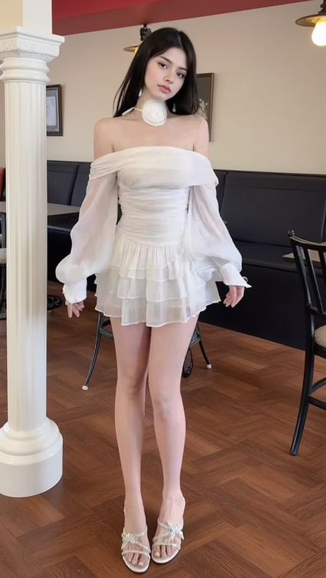 ABITO IN CREPE DI RETE CON MANICHE A SBUFFO E BORDI A VOLANT, BIANCO