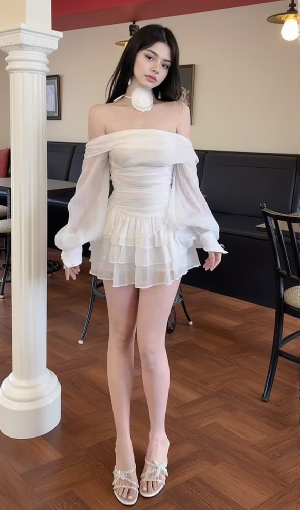 AIIZIE PUFF SLEEVE RUFFLE TRIM MESH CREP DRESS IN WHITE - product image
