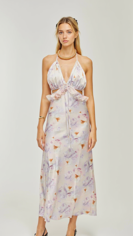 AGATHE DEEP V-NECK FLORAL-PRINT MIDI DRESS