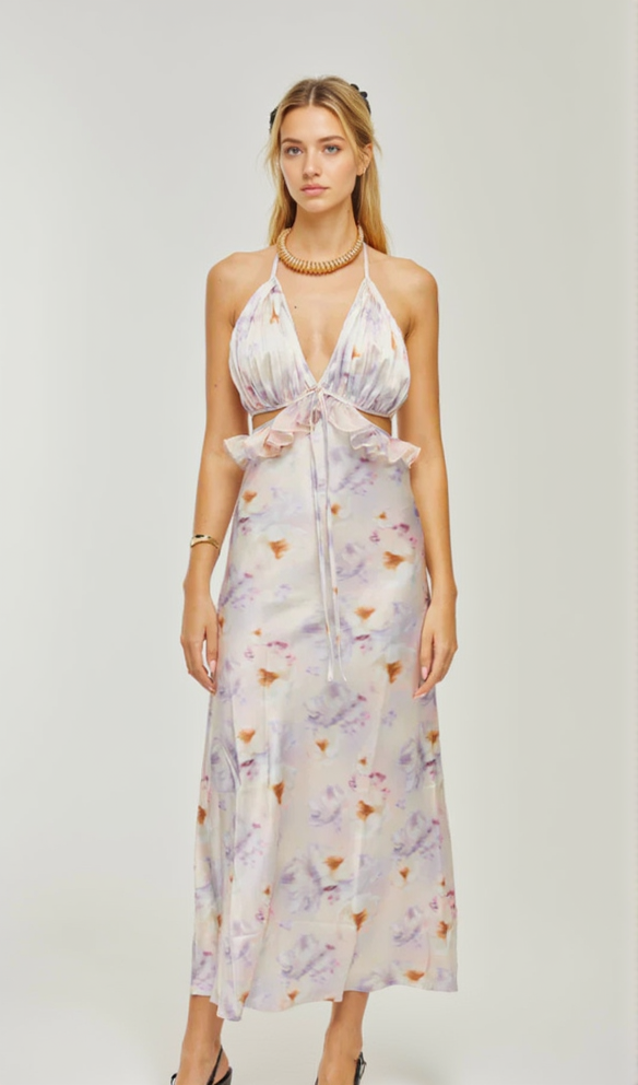 AGATHE MIDIKLEID MIT TIEFEN V-AUSSCHNITT UND BLUMENPRINT