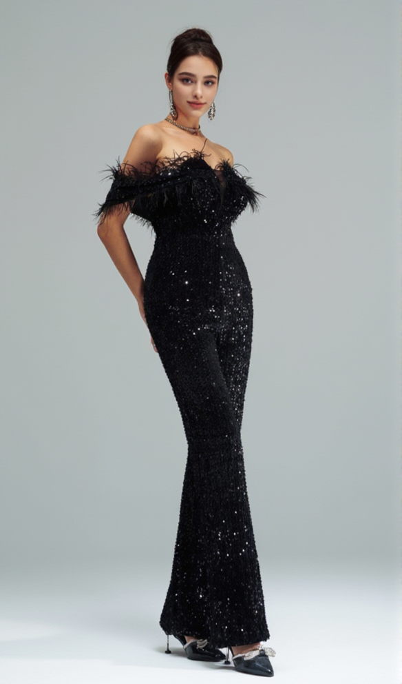 AIIZIE OFF-SHOULDER SEQUIN JUMPSUIT IN BLACK - product image