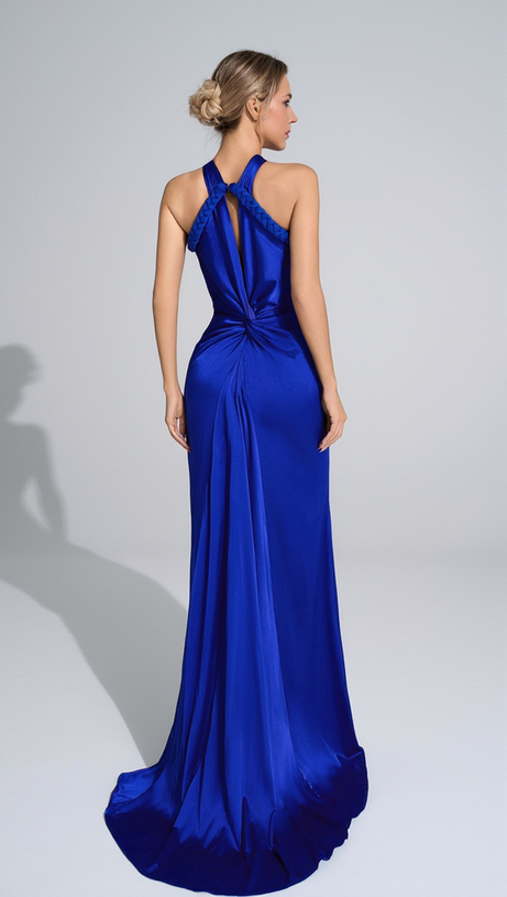 BEVERLY BRAID EMBELLISHED RUCHED HALTER GOWN IN BLUE
