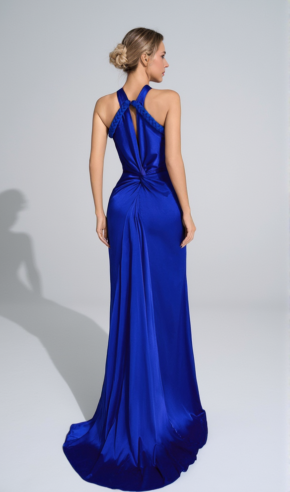 AIIZIE BEVERLY BRAID EMBELLISHED RUCHED HALTER GOWN IN BLUE - product image