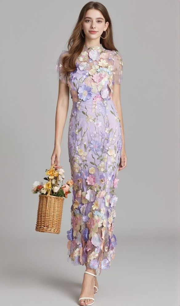 FLORAL EMBROIDERY MESH FISHTAIL MIDI DRESS IN PURPLE