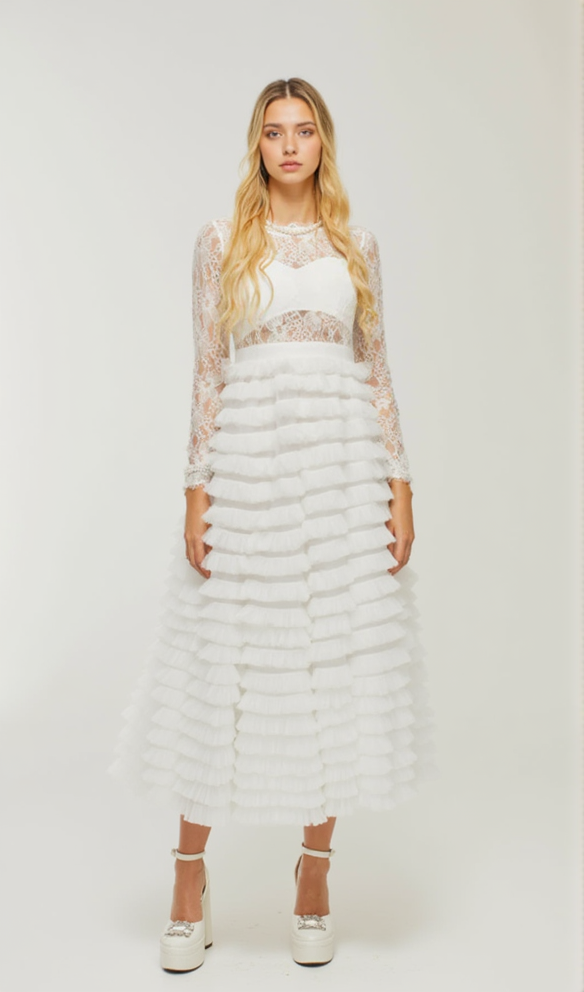AIIZIE LACE LAYERED HIGH-WAISTED MIDI DRESS IN WHITE - product image