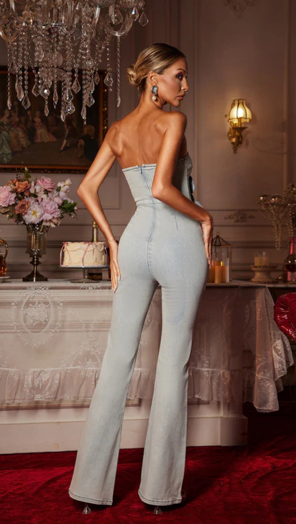 AIIZIE BERLIN FLORAL DENIM JUMPSUIT IN LIGHT WASH - product image