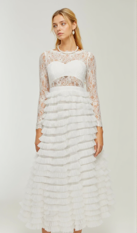 LACE LAYERED HIGH-WAISTED MIDI DRESS IN WHITE
