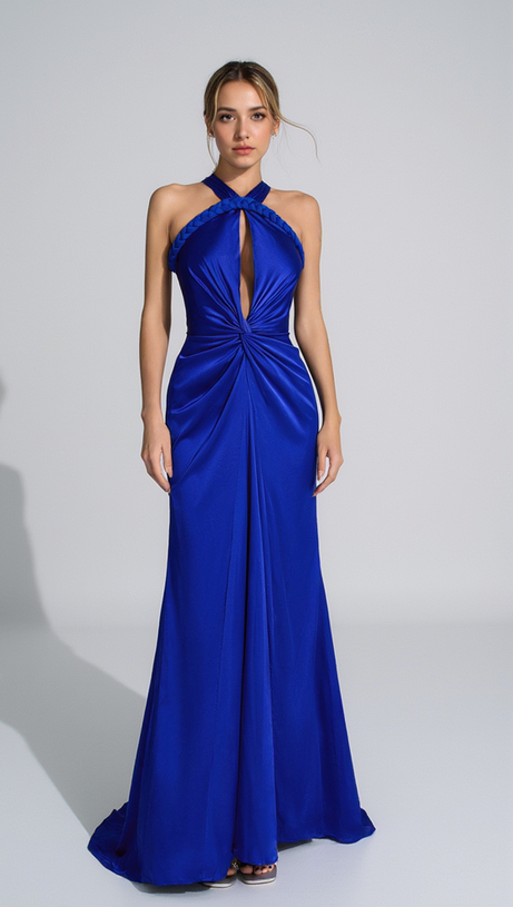 BEVERLY BRAID EMBELLISHED RUCHED HALTER GOWN IN BLUE