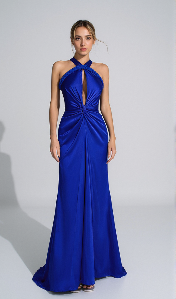AIIZIE BEVERLY BRAID EMBELLISHED RUCHED HALTER GOWN IN BLUE - product image