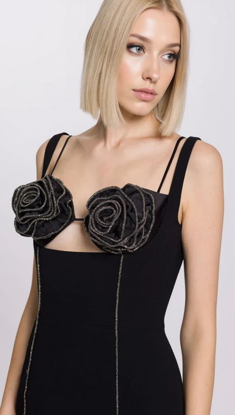 BUSTIER-MIDIKLEID MIT SILBERBESATZ UND BLUMENMUSTER IN SCHWARZ