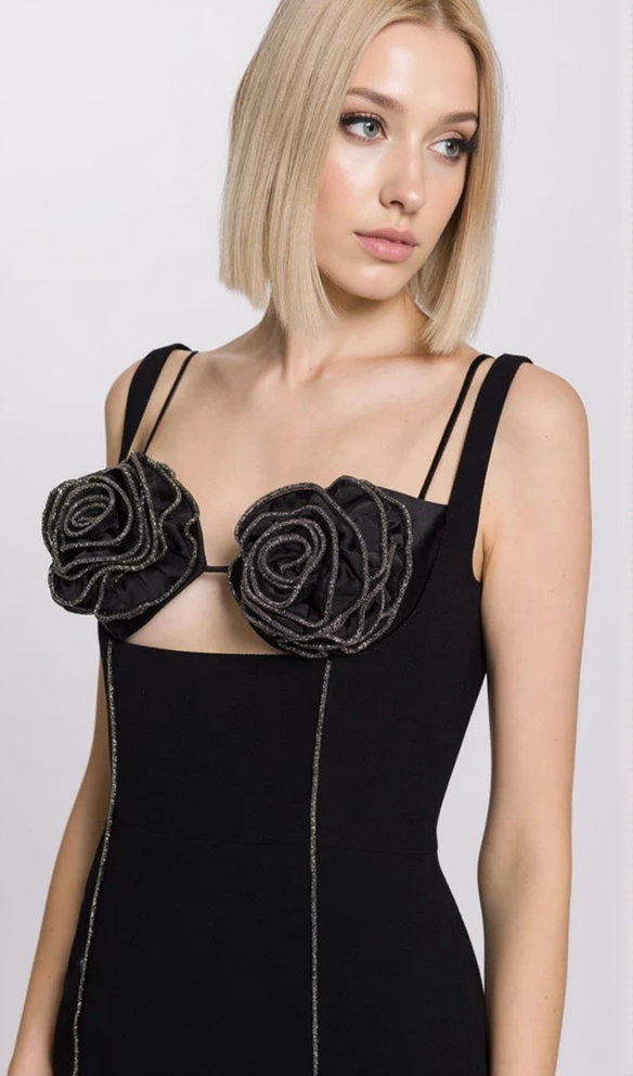 AIIZIE SILVER TRIM FLORAL BUSTIER MIDI DRESS IN BLACK - product image