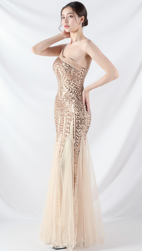 DEIRDRE GOLD ONE-SHOULDER SEQUINED FISHTAIL MAXI DRESS