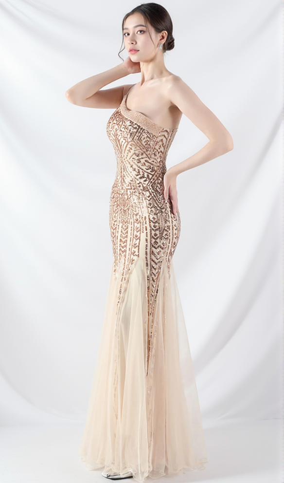 AIIZIE DEIRDRE GOLD ONE-SHOULDER SEQUINED FISHTAIL MAXI DRESS - product image