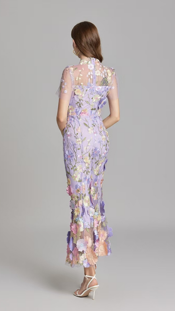 AIIZIE FLORAL EMBROIDERY MESH FISHTAIL MIDI DRESS IN PURPLE - product image