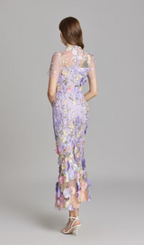 FLORAL EMBROIDERY MESH FISHTAIL MIDI DRESS IN PURPLE