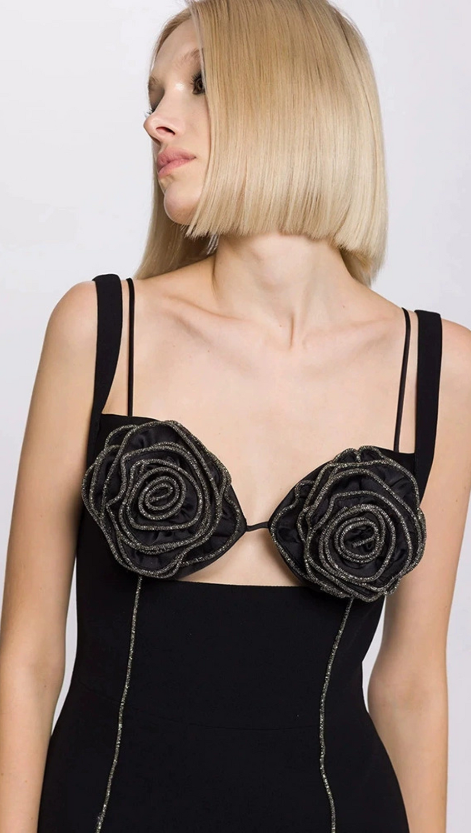 BUSTIER-MIDIKLEID MIT SILBERBESATZ UND BLUMENMUSTER IN SCHWARZ