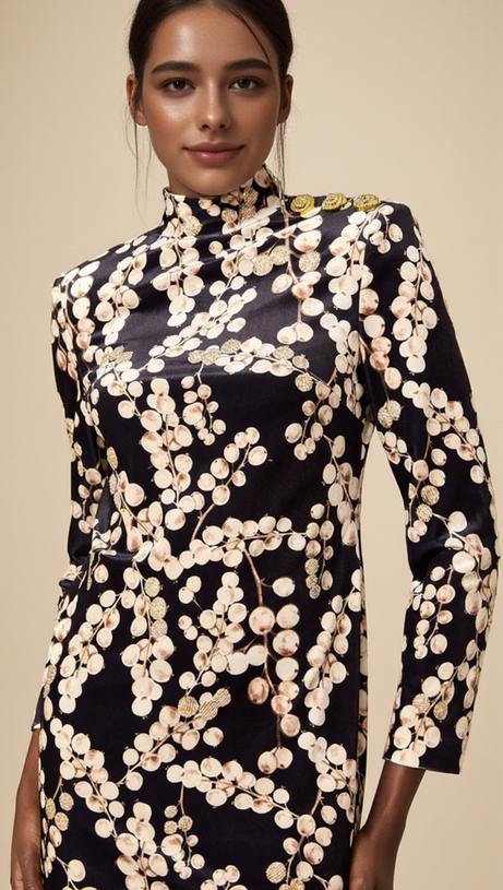 CHAHA REDCURRANT PRINT VELVET MINI DRESS