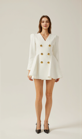 gold-button pleated peplum-hem white  blazer dress