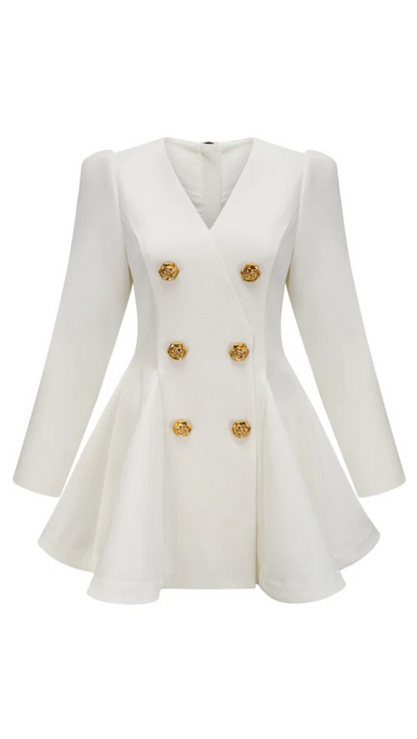 AIIZIE GOLD-BUTTON PLEATED PEPLUM-HEM WHITE BLAZER DRESS - product image